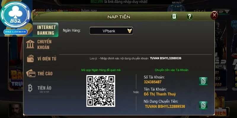 Nạp tiền B52 club qua tài khoản ngân hàng